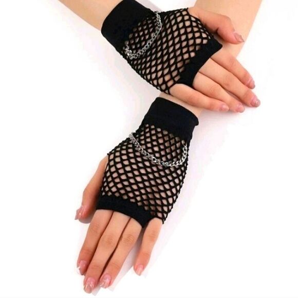 SALE Black Fishnet Knit Chain Design  Fingerless Gloves LAST PAIR - Picture 1 of 6